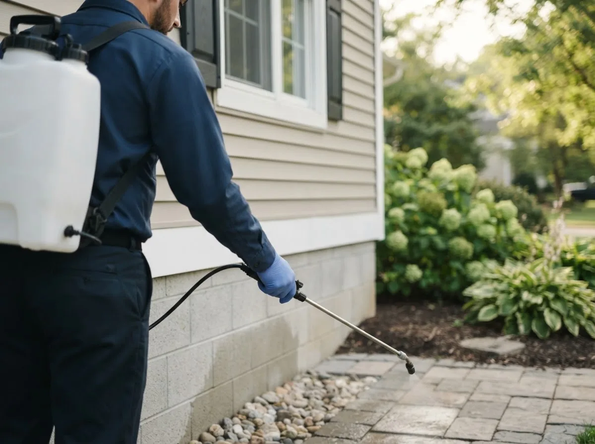Pest control technician inspecting a home in Port Crane, NY